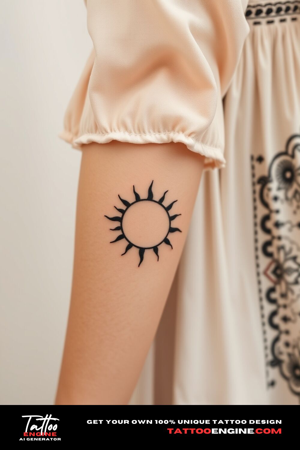 Minimalist sun and moon tattoo, on wrist of a woman with a bohemian dress, side view, high quality, detailed