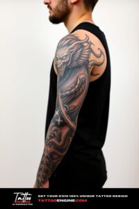 Mythology full sleeve tattoo, full sleeve of a man, wearing black tank top, side view, high quality, detailed