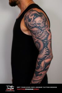 Mythology full sleeve tattoo, full sleeve of a man, wearing black tank top, side view, high quality, detailed