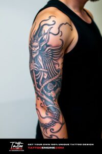 Mythology full sleeve tattoo, full sleeve of a man, wearing black tank top, side view, high quality, detailed