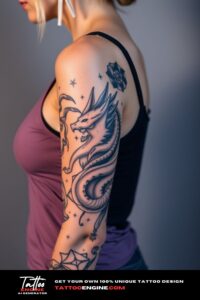 Mythology half sleeve tattoo for women, on arm of a woman, wearing tank top, front view, high quality, detailed