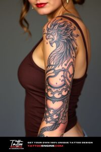 Mythology half sleeve tattoo for women, on arm of a woman, wearing tank top, front view, high quality, detailed