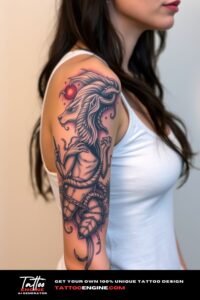 Mythology half sleeve tattoo for women, on arm of a woman, wearing tank top, front view, high quality, detailed