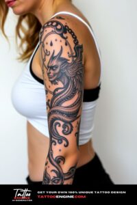 Mythology half sleeve tattoo for women, on arm of a woman, wearing tank top, front view, high quality, detailed