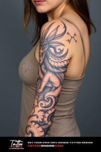 Mythology half sleeve tattoo for women, on arm of a woman, wearing tank top, front view, high quality, detailed