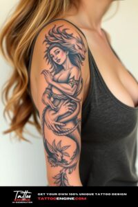 Mythology half sleeve tattoo for women, on arm of a woman, wearing tank top, front view, high quality, detailed