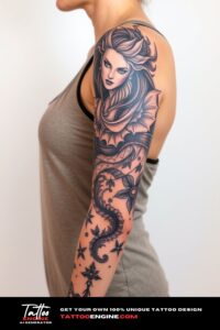 Mythology half sleeve tattoo for women, on arm of a woman, wearing tank top, front view, high quality, detailed