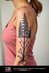 Nature half sleeve tattoo, on arm of a woman, wearing tank top, front view, high quality, detailed