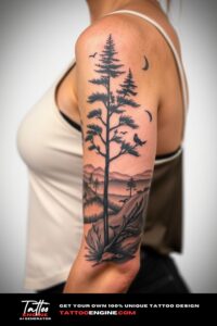 Nature half sleeve tattoo, on arm of a woman, wearing tank top, front view, high quality, detailed