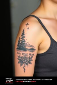 Nature half sleeve tattoo, on arm of a woman, wearing tank top, front view, high quality, detailed