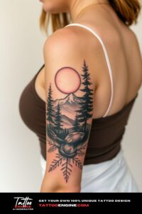 Nature half sleeve tattoo, on arm of a woman, wearing tank top, front view, high quality, detailed