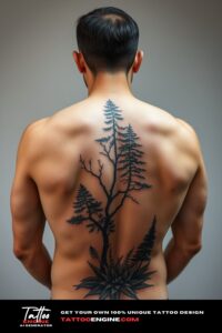 Nature tattoo, on back of a man, back view, high quality, detailed