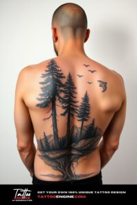 Nature tattoo, on back of a man, back view, high quality, detailed