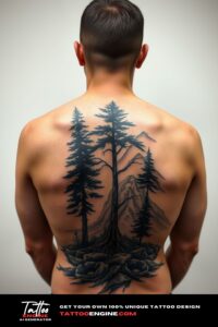 Nature tattoo, on back of a man, back view, high quality, detailed