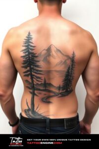 Nature tattoo, on back of a man, back view, high quality, detailed