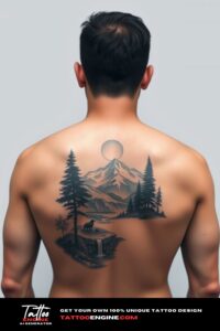 Nature tattoo, on back of a man, back view, high quality, detailed