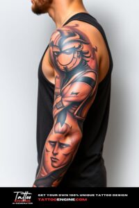 Realism tattoo, full sleeve of a man, wearing tank top, side view, high quality, detailed