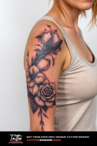 Realistic half sleeve tattoo, on arm of a woman, wearing tank top, front view, high quality, detailed