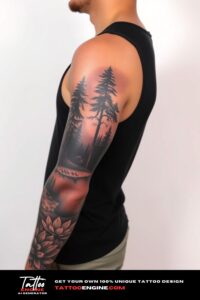 Realistic nature tattoo, full sleeve of a man, wearing black tank top, side view, high quality, detailed