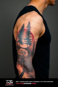 Realistic nature tattoo, full sleeve of a man, wearing black tank top, side view, high quality, detailed