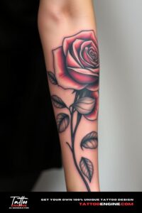 Rose tattoo, covering the forearm of a woman, front view, high quality, detailed