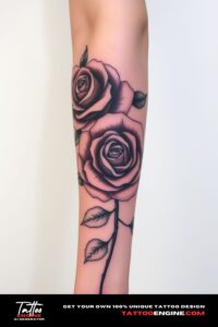 Rose tattoo, covering the forearm of a woman, front view, high quality, detailed