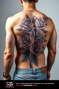 Roses tattoo, filling all back of a man, back view, wearing jeans, studio light, high quality, detailed