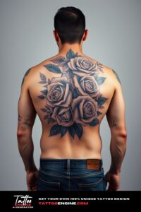 Roses tattoo, filling all back of a man, back view, wearing jeans, studio light, high quality, detailed