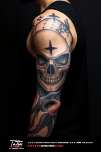 Skull full sleeve tattoo, full sleeve of a man, wearing black tank top, side view, high quality, detailed