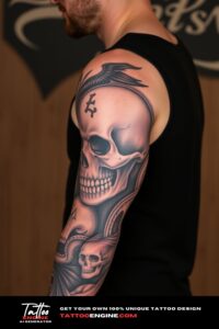 Skull full sleeve tattoo, full sleeve of a man, wearing black tank top, side view, high quality, detailed