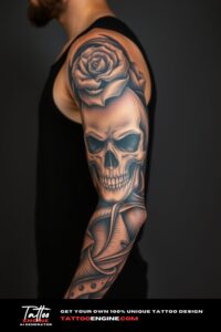 Skull full sleeve tattoo, full sleeve of a man, wearing black tank top, side view, high quality, detailed