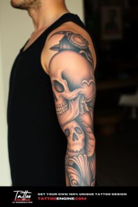 Skull full sleeve tattoo, full sleeve of a man, wearing black tank top, side view, high quality, detailed