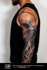 Skull full sleeve tattoo, full sleeve of a man, wearing black tank top, side view, high quality, detailed