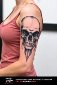 Skull half sleeve tattoo, on arm of a woman, wearing tank top, front view, high quality, detailed