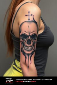 Skull half sleeve tattoo, on arm of a woman, wearing tank top, front view, high quality, detailed