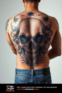 Skull tattoo, filling all back of a man, back view, wearing jeans, studio light, high quality, detailed