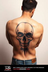 Skull tattoo, filling all back of a man, back view, wearing jeans, studio light, high quality, detailed