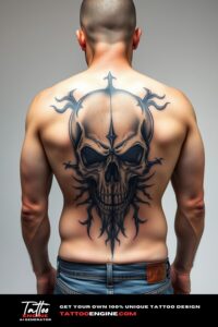 Skull tattoo, filling all back of a man, back view, wearing jeans, studio light, high quality, detailed