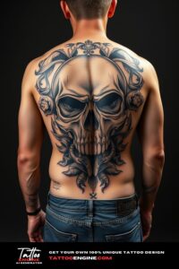 Skull tattoo, filling all back of a man, back view, wearing jeans, studio light, high quality, detailed