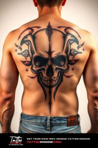 Skull tattoo, filling all back of a man, back view, wearing jeans, studio light, high quality, detailed