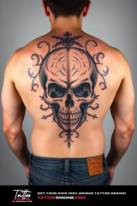 Skull tattoo, filling all back of a man, back view, wearing jeans, studio light, high quality, detailed