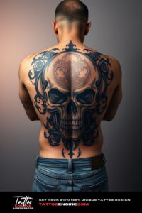 Skull tattoo, filling all back of a man, back view, wearing jeans, studio light, high quality, detailed