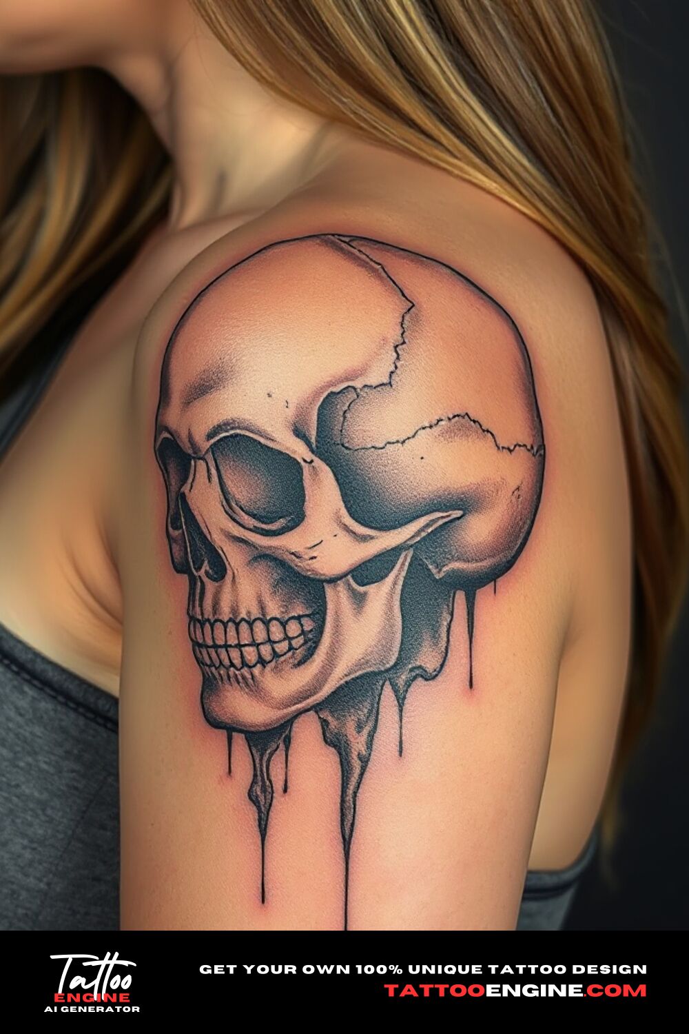 Skull tattoo, on upper arm of a woman, side view, high quality, detailed