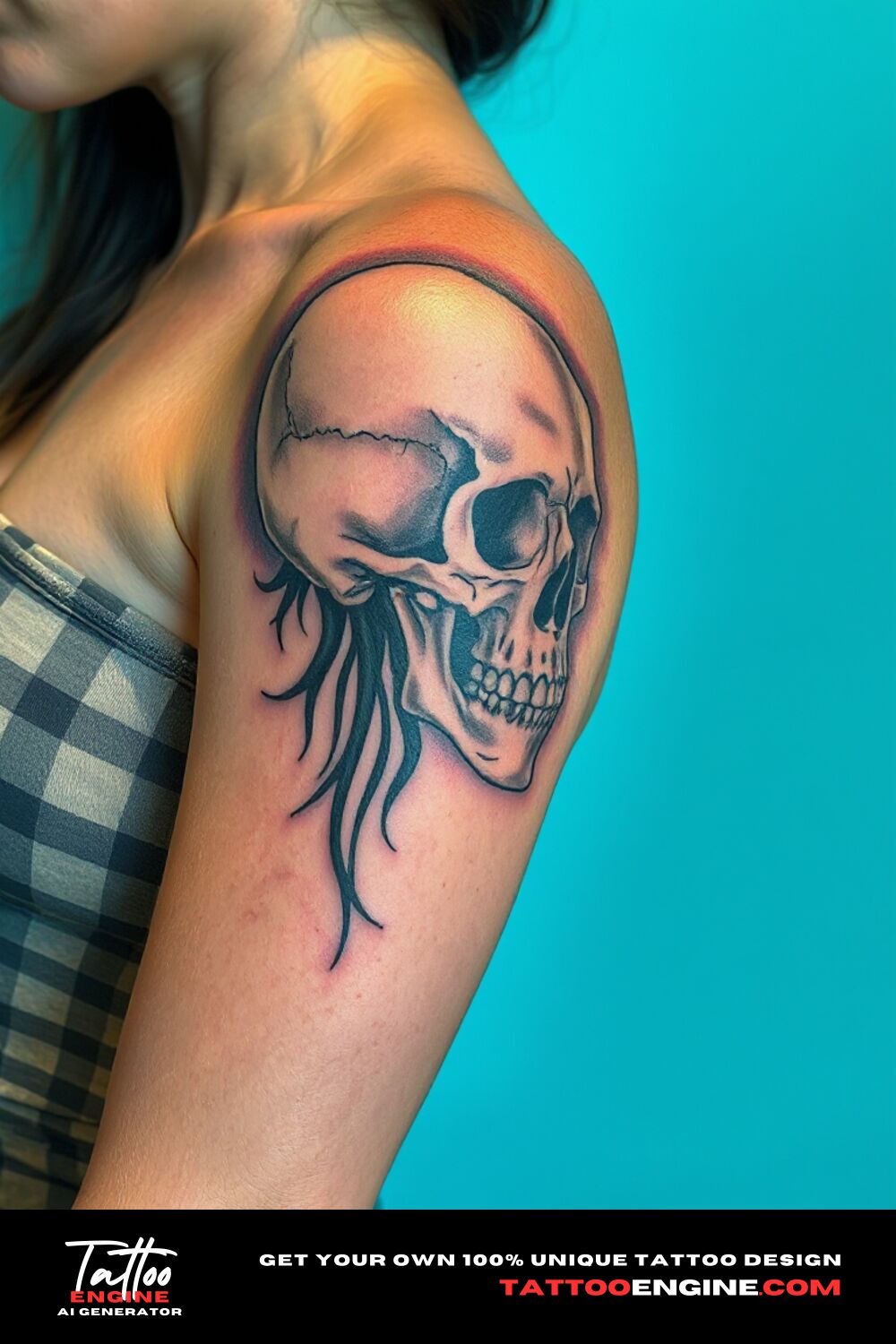 Skull tattoo, on upper arm of a woman, side view, high quality, detailed
