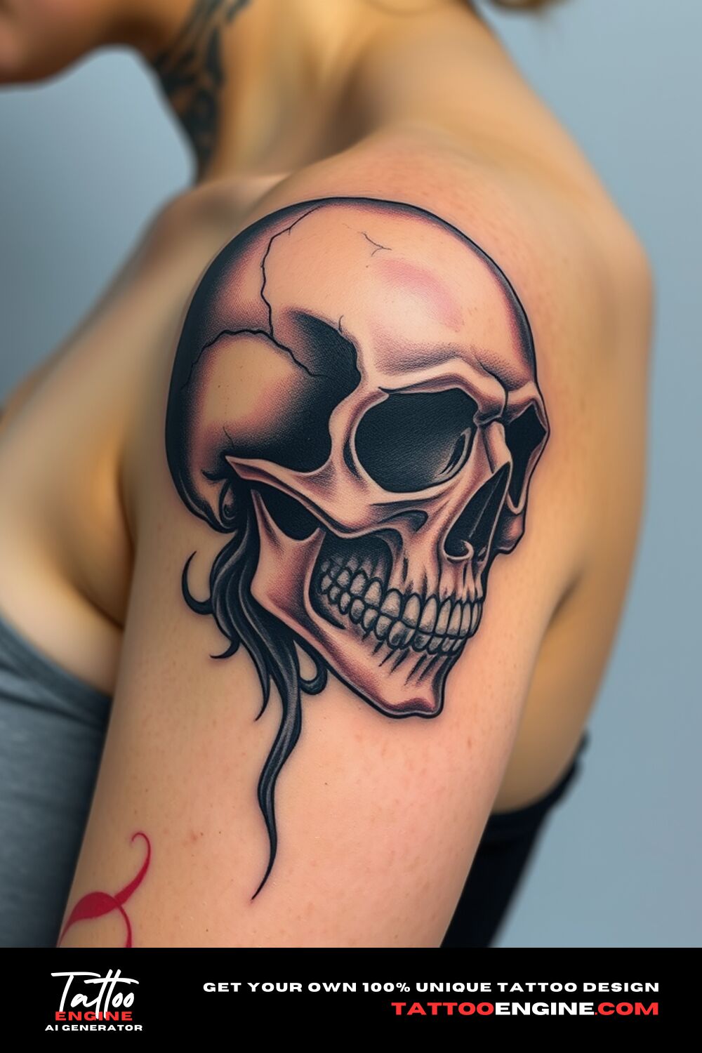 Skull tattoo, on upper arm of a woman, side view, high quality, detailed