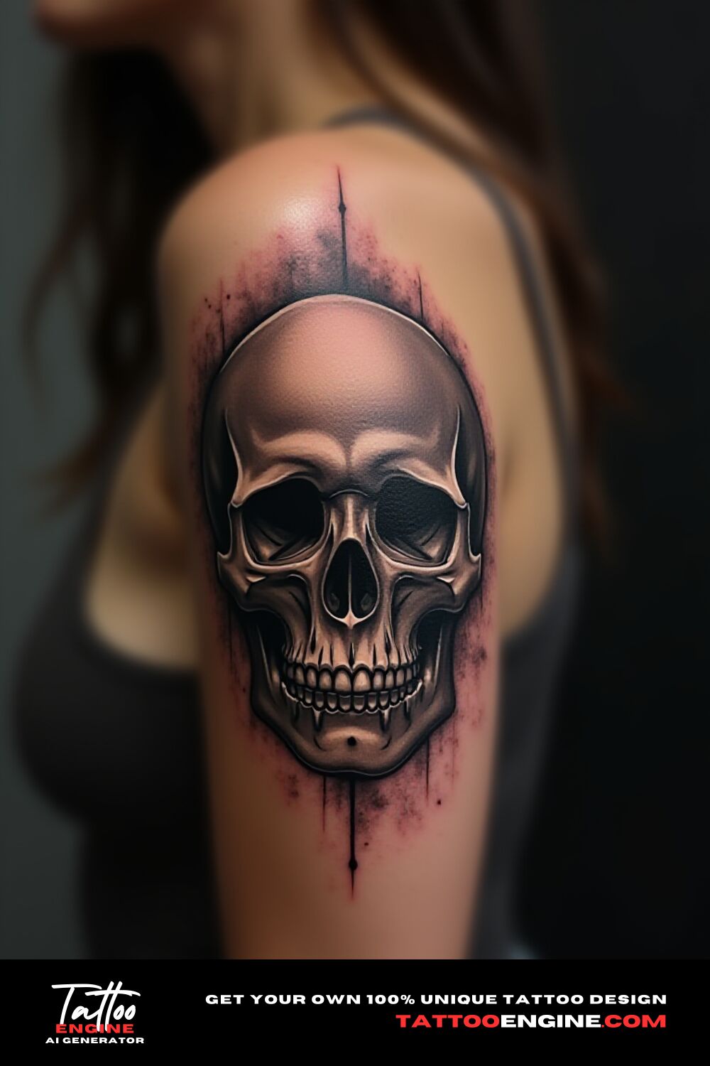 Skull tattoo on upper arm of a woman -bad anatomy