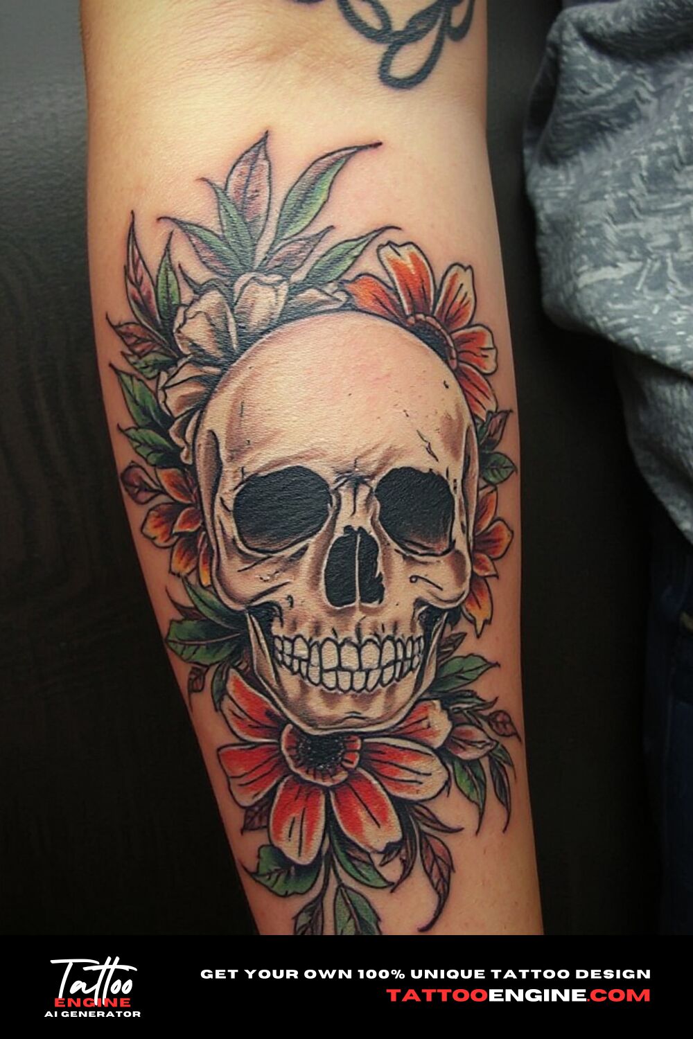 Skull tattoo surrounded with flowers, on lower arm of a blonde woman, side view, high quality, detailed
