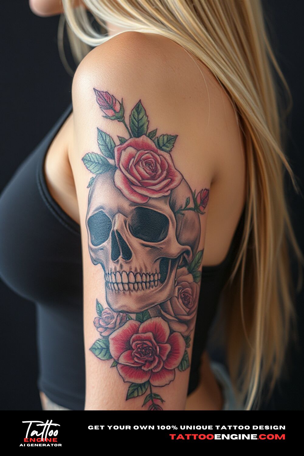 Skull tattoo surrounded with flowers, on lower arm of a blonde woman, side view, high quality, detailed