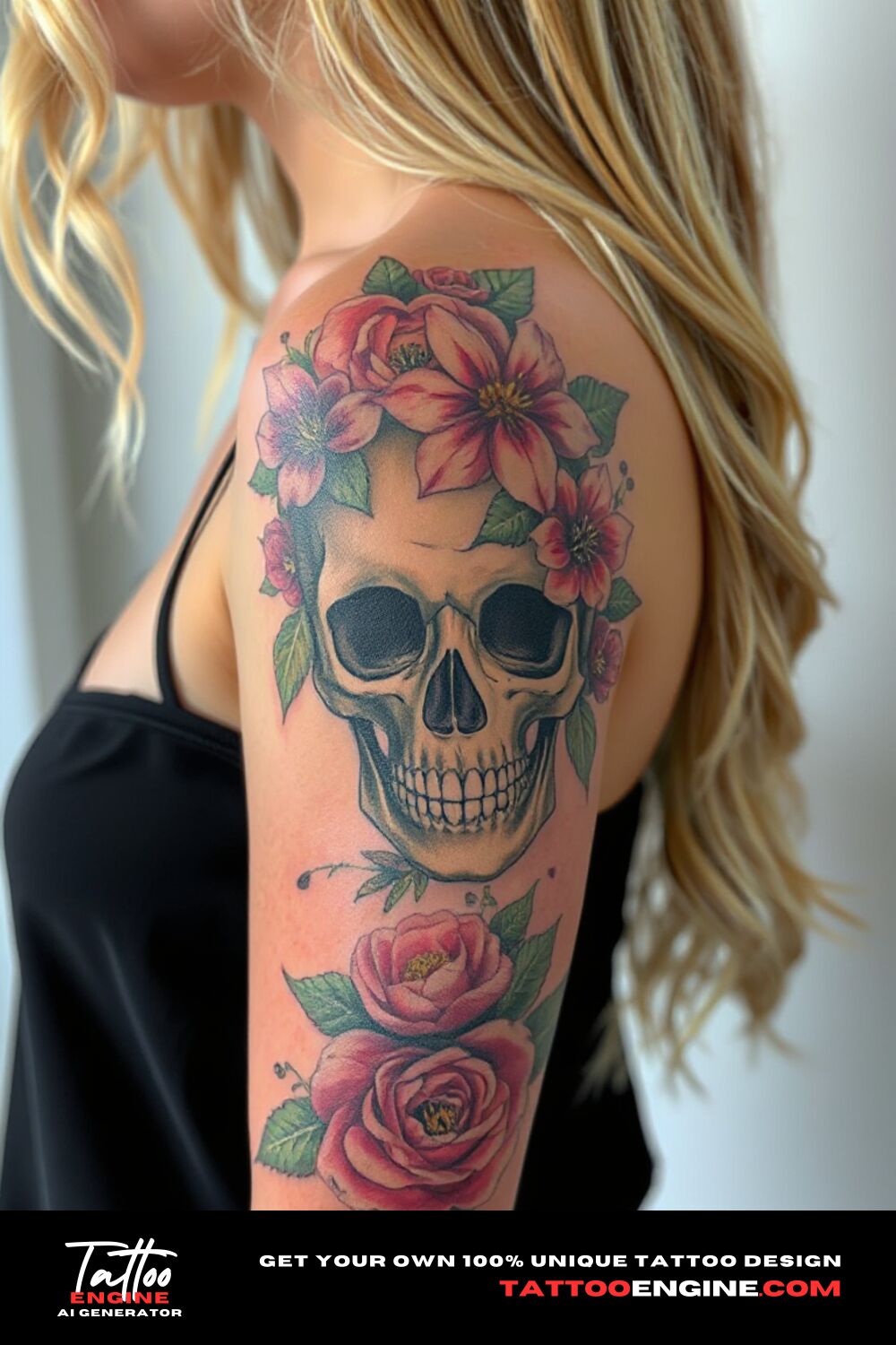 Skull tattoo surrounded with flowers, on lower arm of a blonde woman, side view, high quality, detailed