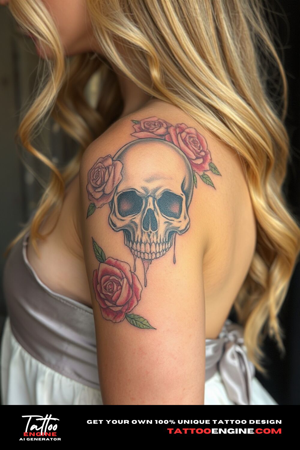 Skull tattoo surrounded with flowers, on upper arm of a blonde woman, side view, high quality, detailed